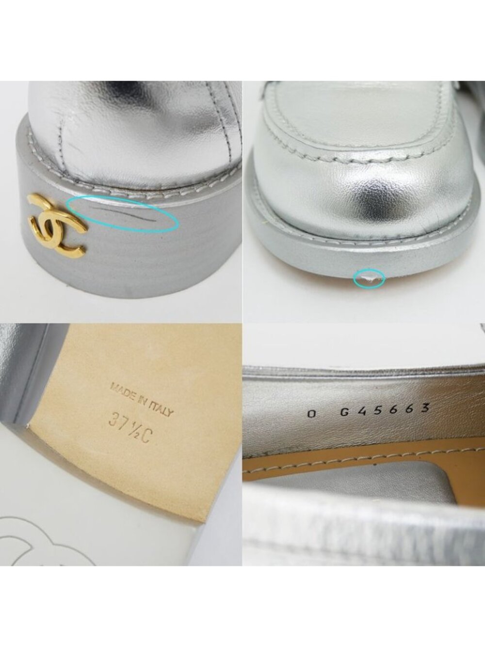 Chanel CC Logo Leather Loafers Silver Gold Hardware 37 1 2 - Picture 9 of 10